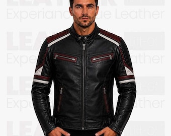 Herren Schwarz Burgund Cafe Racer Lederjacke | Vintage Biker Motorradmantel