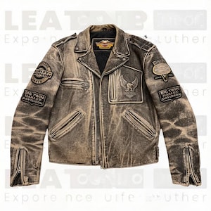 May include: A distressed brown leather jacket with multiple patches and zippers. The jacket features the Harley-Davidson logo and the words "Big Twin Harley Davidson" on patches. The jacket has a classic biker style.