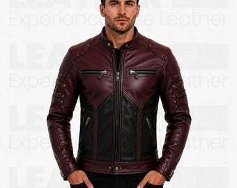 Herren Burgunder Schwarz Leder Cafe Racer Jacke | Slim Fit Biker Reiter Mantel