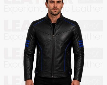 Captain America inspirierte schwarze Lederjacke für Herren | Blue Star Motorradjacke |