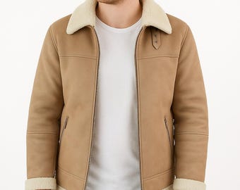 Handgefertigte Tan Wildleder Schaffell Fliegerjacke: Herren Lammfell Bomber