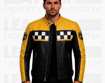Herren Gelb Schwarz Racing Motorradmantel | Cafe Racer Oberbekleidung | Kariertes Biker Style