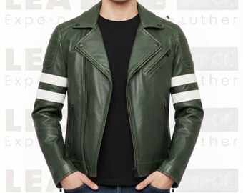 Grüne Leder-Bikerjacke für Herren - Slim Fit Moto Coat mit Gestreiften Ärmeln