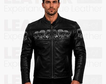 Schädel-Lederjacke für Männer | Gothic Bikerjacke | Schwarze Motorradjacke |