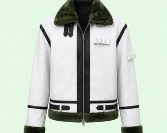 White Shearling Leather Jacket for Men & Women | Genuine Leather Aviator Jacket | Faux Fur Collar Winter Coat | Unisex Bomber Jacket