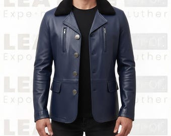 Dunkelblauer Ledermantel für Herren mit Lammkragen - Winterjacke mit Knopfleiste - Klassisch maßgeschneidert