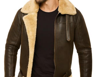 Fliegerjacke aus echtem Leder für Herren | B3 Bomber Lammfellmantel | Winter Pilot in Braun & Schwarz
