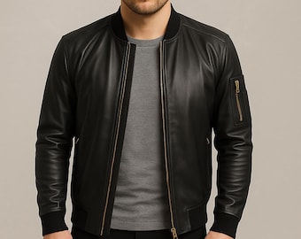 Weiche Lammleder Lederjacke für Herren | Slim Fit Cafe Racer Bomberjacke | Schwarzer moderner Moto-Mantel