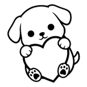 May include: A black and white cartoon illustration of a puppy holding a heart. The puppy has large, round eyes, floppy ears, and a small tail. The heart is outlined in black and has a simple design.