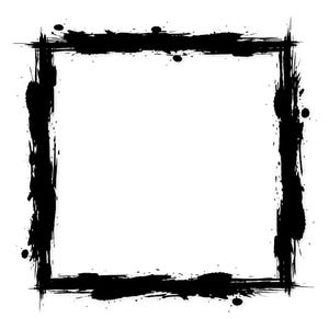 Op de afbeelding: Een zwart vierkant frame met een ruw, gespat inktontwerp. Het frame is dik en ongelijkmatig, met inktvlekken en -druppels die textuur toevoegen. De achtergrond is effen wit, wat de gedurfde, grafische stijl benadrukt.