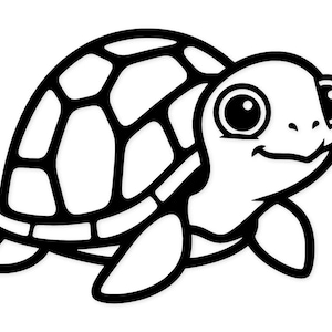 以下が含まれることがあります： 笑顔のウミガメの白黒漫画イラスト。カメは模様のある甲羅、大きな目、ヒレのような手足を持っています。デザインはシンプルでフレンドリーで、さまざまな用途に適しています。