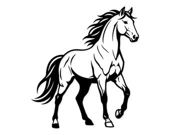May include: A black and white illustration of a horse in motion. The horse is depicted with flowing mane and tail, and is shown with its legs in a running position. The image is a simple, yet elegant, representation of the animal.