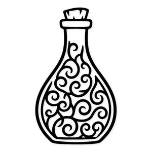May include: Black and white illustration of a decorative bottle with a cork stopper. The bottle features an intricate, swirling design within its outline, creating a stylized, ornamental appearance. The design is symmetrical and detailed, suitable for home decor or crafting projects.