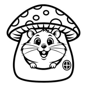 Puede incluir: Ilustración en blanco y negro de un hámster sonriente dentro de una casa con forma de seta. La seta tiene un sombrero con lunares y una pequeña puerta con un símbolo de cruz. El hámster tiene bigotes.