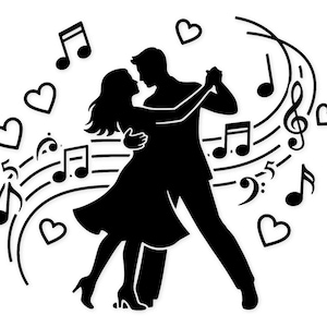 Op de afbeelding: Zwart silhouet van een dansend stel, omringd door muzieknoten en harten. De man en vrouw omarmen elkaar, de vrouw draagt een zwierige jurk. De afbeelding roept romantiek en muziek op.