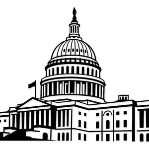 以下が含まれることがあります： アメリカ合衆国議会議事堂の白黒イラスト。象徴的なドーム、柱、旗が描かれており、アメリカの政府と建築を表しています。デザインはシンプルでありながら、詳細な線画です。