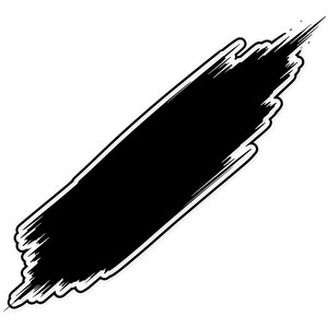 Puede incluir: Una pegatina de trazo de pincel negro con un contorno blanco. El trazo del pincel está en ángulo diagonalmente a través del marco, con un borde texturizado e irregular. La pegatina está sobre un fondo blanco.