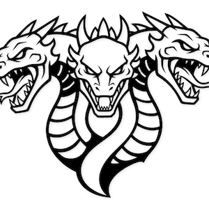 Puede incluir: Ilustración en blanco y negro de un dragón de tres cabezas. Cada cabeza tiene dientes afilados y una expresión amenazante. Los cuellos del dragón se entrelazan, creando un diseño simétrico. La obra es una representación gráfica audaz de una criatura mítica.