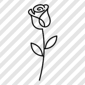 Può includere: Un disegno a tratto nero e bianco di una rosa. La rosa è in piena fioritura, con petali dettagliati e uno stelo con due foglie. Il design è semplice ed elegante, adatto a varie applicazioni.