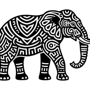 May include: A monochrome graphic of an elephant, featuring detailed geometric patterns. The elephant is shown in profile, with its trunk, tusks, and ears clearly visible. The design is a striking, symmetrical representation of the animal.