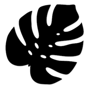 May include: A black silhouette of a monstera leaf on a white background. The leaf features characteristic holes and a unique shape, often used in tropical-themed designs and interior decor.