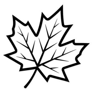 May include: A black and white illustration of a maple leaf. The leaf has a detailed outline with visible veins, and a stem. The image is a simple, graphic representation of a maple leaf, commonly associated with autumn and nature.