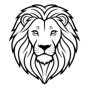 Puede incluir: Ilustración en blanco y negro de la cabeza de un león. El león se muestra de frente, con líneas detalladas que definen su melena, rasgos faciales y expresión. Diseño gráfico adecuado para diversas aplicaciones.