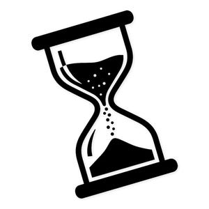May include: A black and white hourglass illustration. The hourglass is tilted slightly, with sand flowing from the top chamber to the bottom. The design is simple and graphic, with a clear outline and filled-in areas.
