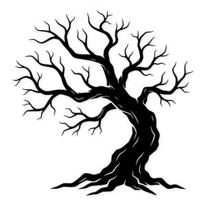 Könnte beinhalten: Eine schwarze Silhouette eines Baumes mit kahlen Ästen vor weißem Hintergrund. Der Baumstamm ist geschwungen, und die Wurzeln sind an der Basis sichtbar. Das Bild ist eine einfache, grafische Illustration.