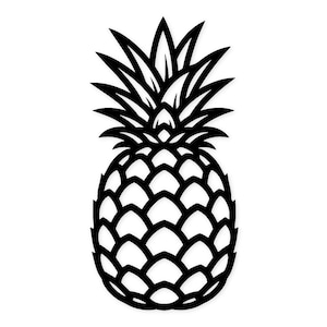 Op de afbeelding: Zwart-wit illustratie van een ananas. De ananas heeft een getextureerd lichaam en een stekelige kroon. Het ontwerp is een silhouet, met een zwarte omtrek en een witte achtergrond. Geschikt voor tropische decoratie.
