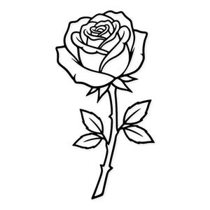 Peut inclure: Un dessin au trait noir et blanc d'une rose. La rose est en pleine floraison, avec des pétales détaillés et une tige avec des feuilles. L'image est une illustration simple et élégante, idéale pour diverses applications.