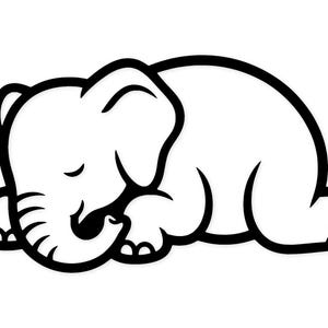 May include: A black and white illustration of a sleeping elephant. The elephant is curled up, with its eyes closed and trunk resting on its front legs. The design is simple and cartoon-like, with thick black outlines.