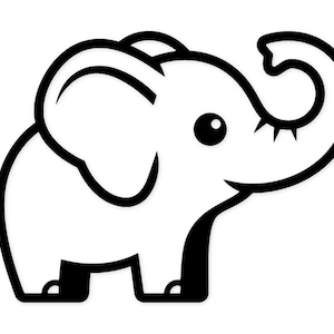 May include: A black and white cartoon elephant illustration. The elephant has a large trunk, big ears, and a small tail. The design is simple and modern, with thick black outlines and a white fill.