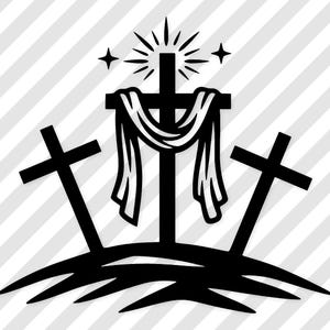 May include: A black and white graphic depicting three crosses on a hill. The central cross has a draped cloth and a radiant light above it, with two stars. The image is a symbol of faith and religious themes.