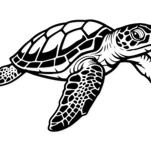 Könnte beinhalten: Schwarz-Weiß-Illustration einer Meeresschildkröte. Die Schildkröte ist im Profil dargestellt, mit Panzer, Flossen und Kopf. Der Panzer hat ein geometrisches Muster, und die Flossen sind detailliert mit strukturierten Markierungen.