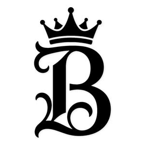 May include: A black graphic of the letter "B" with a crown on top. The letter is stylized with decorative flourishes and a classic font. The crown has three points and a simple design. The image is on a white background.