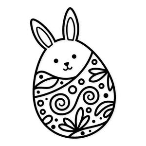 Puede incluir: Ilustración en blanco y negro de un huevo de Pascua con cara de conejo. El huevo está decorado con patrones florales y remolinos. El conejo tiene orejas largas y una carita sonriente.