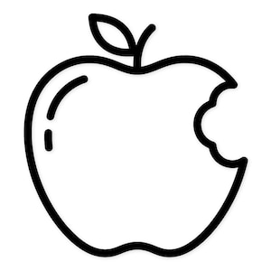 Op de afbeelding: Een zwart-witte lijntekening van een appel met een hap eruit. De appel heeft een steel en een blad. De omtrek is dik en vet, waardoor een eenvoudig, grafisch ontwerp ontstaat.