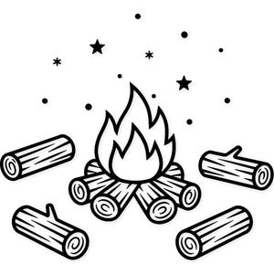 Könnte beinhalten: Schwarz-Weiß-Illustration eines Lagerfeuers mit Flammen, Holzscheiten, Sternen und Punkten. Das Lagerfeuer besteht aus gestapelten Holzscheiten mit Flammen, die darüber auflodern. Vier Holzscheite sind um das Feuer herum platziert, und Sterne und Punkte sind darüber verstreut.