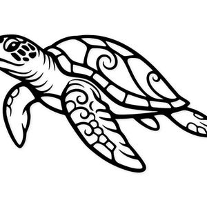 Può includere: Illustrazione in bianco e nero di una tartaruga marina. Il guscio e le pinne della tartaruga sono delineati con spesse linee nere e il guscio presenta un motivo decorativo. La tartaruga è raffigurata di profilo, mentre nuota.