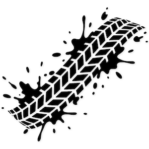 Op de afbeelding: Zwarte bandenspoorafbeelding met modderspatten op een witte achtergrond. Het profiel van de band staat schuin, met de modderspatten rond de bandensporen. Geschikt voor producten met een auto- of offroad-thema.
