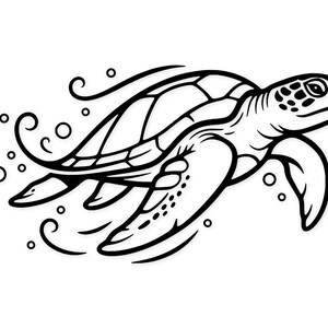 Peut inclure: Illustration en noir et blanc d'une tortue de mer nageant. La tortue présente un motif de carapace détaillé et est entourée de bulles et de lignes tourbillonnantes, suggérant le mouvement.