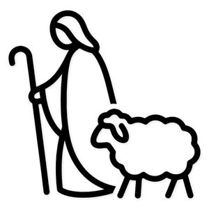 Pode incluir: Desenho a traço preto e branco de um pastor com um cajado e uma ovelha. O pastor está vestindo uma longa túnica e segurando um cajado curvo. A ovelha é fofa e está ao lado do pastor.