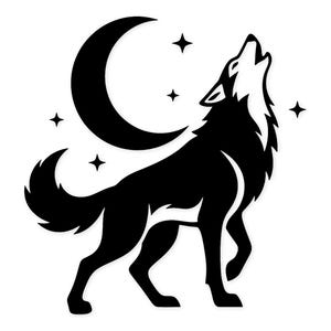Può includere: Illustrazione in bianco e nero di un lupo che ulula alla luna. Il lupo è raffigurato in silhouette su sfondo bianco, con una luna crescente e stelle. Il lupo è in piedi con la testa alzata.