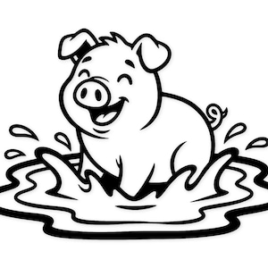 May include: A black and white cartoon illustration of a pig splashing in a puddle. The pig is smiling with its mouth open, and water droplets are surrounding it. The image has a simple, clean design.