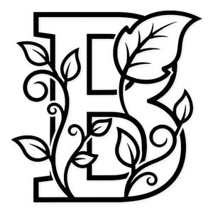 May include: A black and white decorative letter 'B' featuring a floral design. The letter is outlined in black, with a stylized vine and leaves intertwined within the letter's form. The leaves and vines add a natural, organic element to the design.