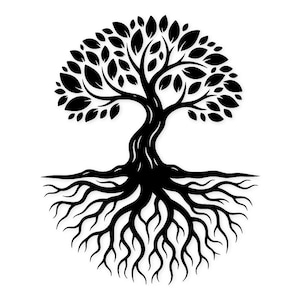 Può includere: Illustrazione in bianco e nero di un albero con una chioma arrotondata di foglie e una rete di radici. Il tronco dell'albero si curva, collegando le radici e il fogliame, creando un design simmetrico. L'immagine è su sfondo bianco.