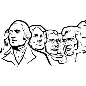 Puede incluir: Ilustración en blanco y negro del Monte Rushmore, con los rostros de cuatro presidentes estadounidenses: George Washington, Thomas Jefferson, Theodore Roosevelt y Abraham Lincoln. La obra es una representación minimalista del icónico monumento.