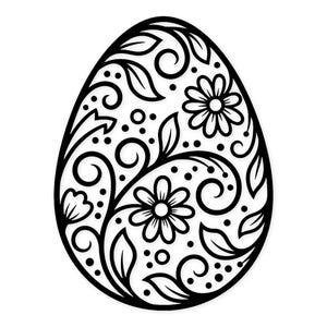 Può includere: Design di uovo di Pasqua in bianco e nero con motivi floreali e a spirale. La forma dell'uovo è riempita con illustrazioni dettagliate di fiori, foglie e punti, creando un design intricato. L'uovo ha un spesso contorno nero.