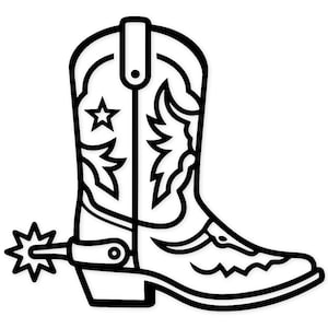 Peut inclure: Illustration en noir et blanc d'une botte de cowboy. La botte présente des coutures décoratives, une étoile et un éperon. Le design est souligné par des lignes noires épaisses, créant une image audacieuse et graphique.